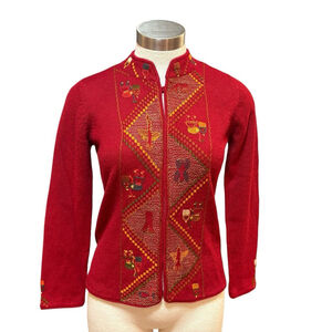 100% Baby Alpaca Womens Sweater Cardigan Red Embroided Sz. S/M